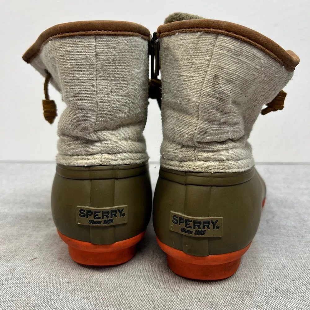 Sperry Saltwater Duck Boots Olive Green Oatmeal Canvas Orange Sole Womens 7.5